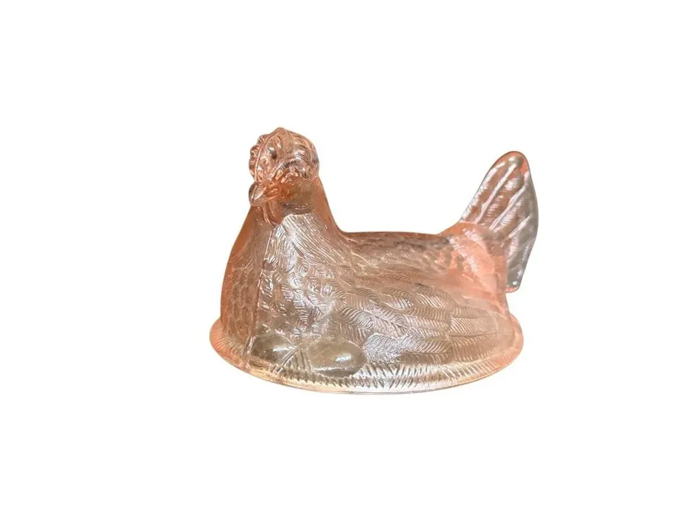 Pink Glass Hen on Nest Covered Dish Chicken Candy Trinket Box 5.5” Vintage Style